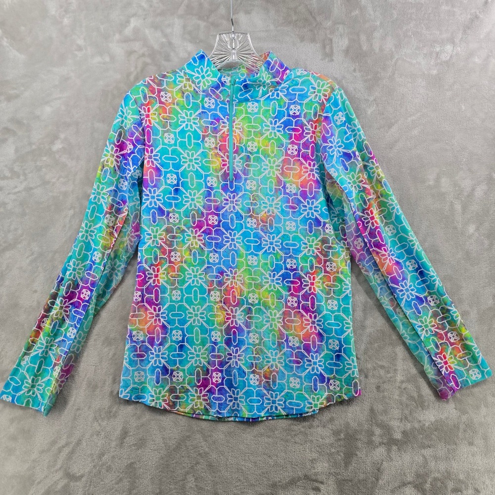 IBKUL Womens Medium Quarter Zip Sandra Seafoam Shirt Geometric Floral UPF 50+